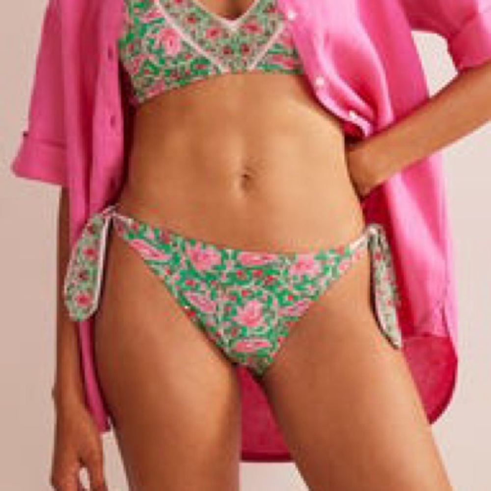 Boden Floral Side Tie Green and Pink Bikini Bottoms US 2